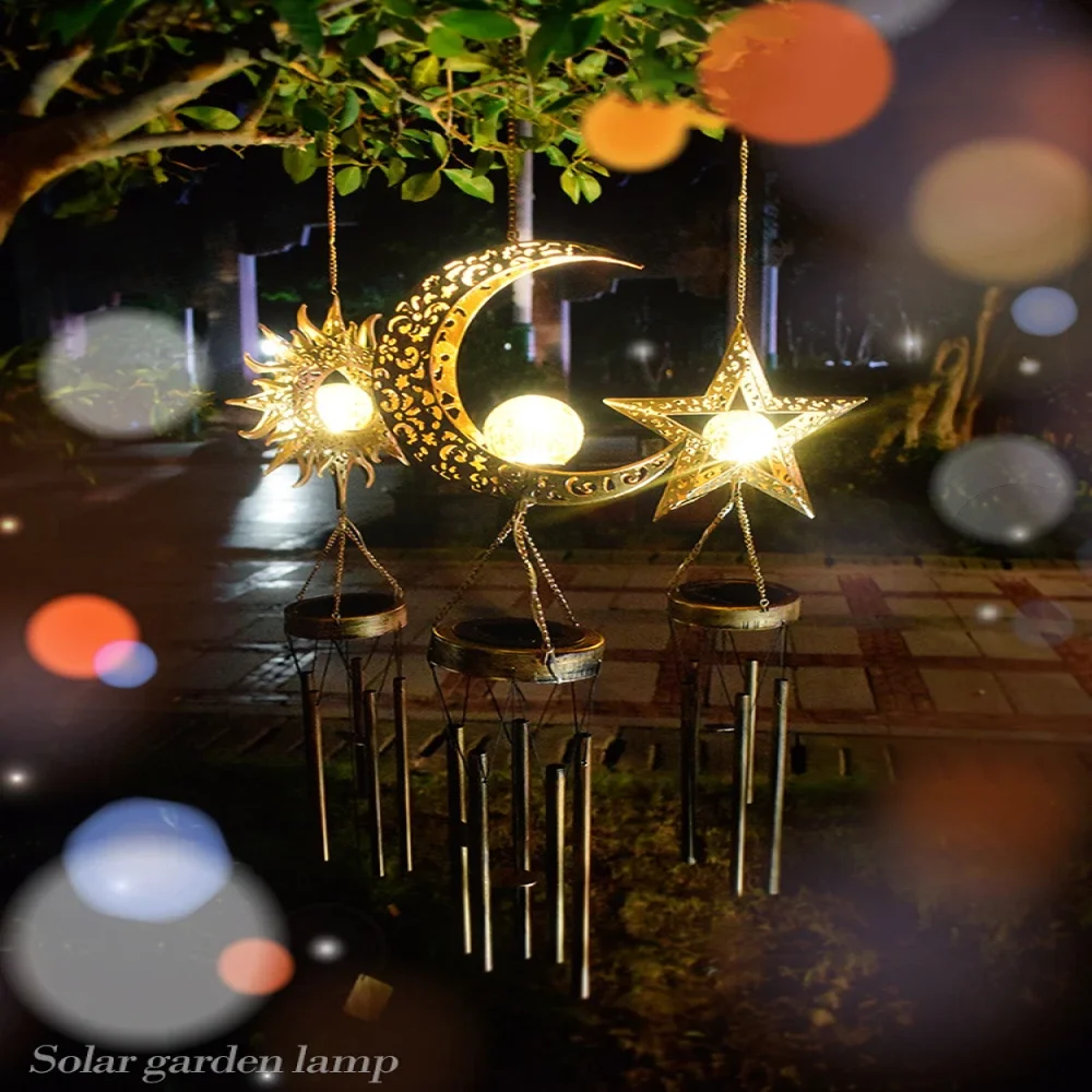 

New Style Wind Chime Hollow Outdoor Decoration Iron Moon/Sun/Star Solar Lamp Garden Yard Light Home Decor Unique Gift For Adult
