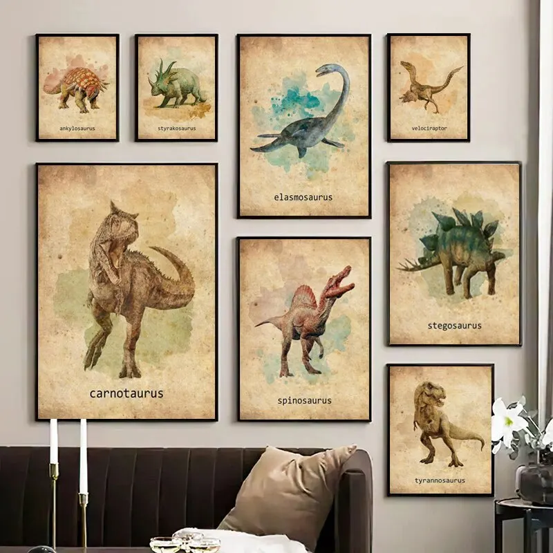 Watercolor Dinosaur TRex  Velociraptor Retro Posters  Canvas Wall Art Prints for Nursery Kids Room Home Decor
