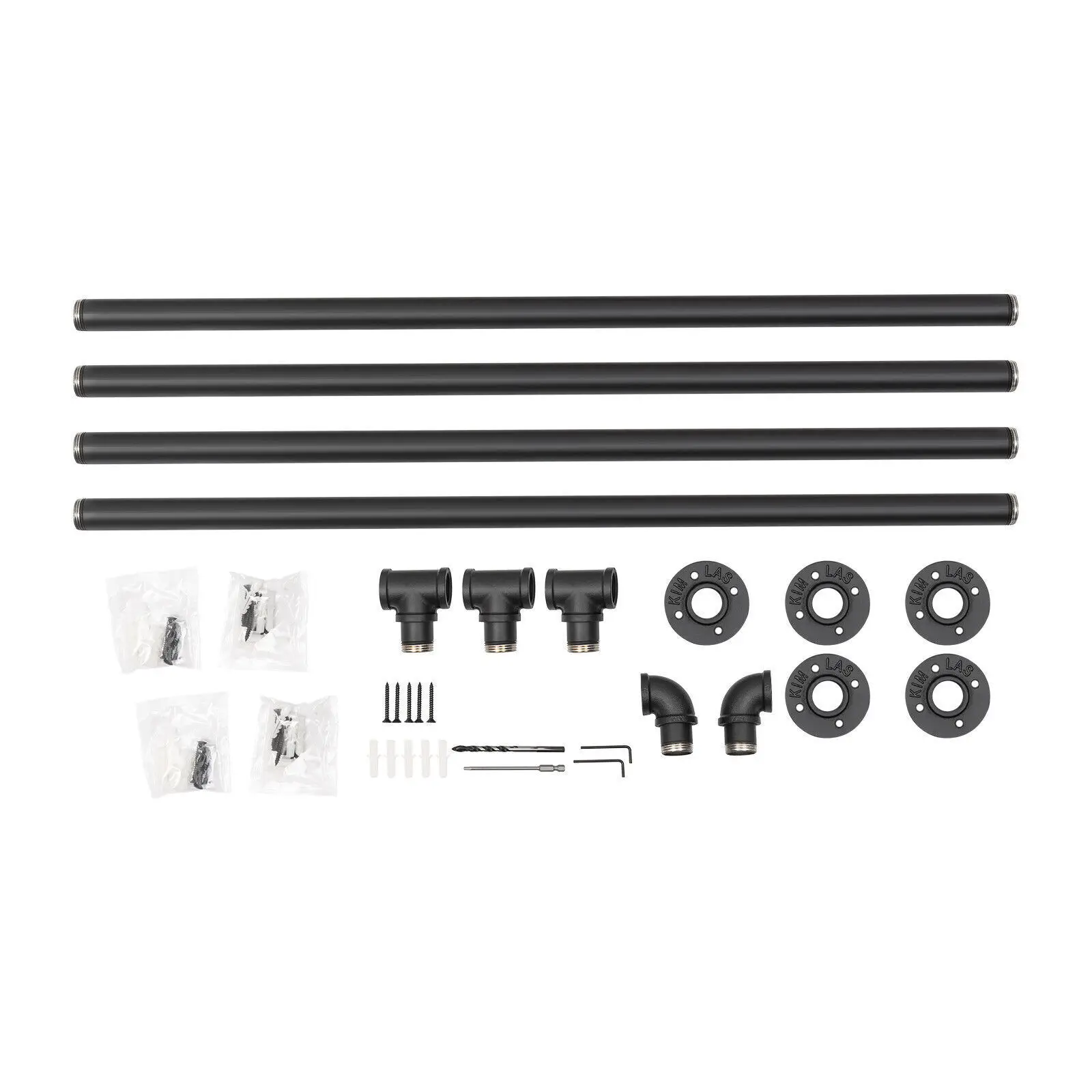 14FT/427cm Industrial Pipe Stair Handrail Wall-Mounted Black Staircase Handrail