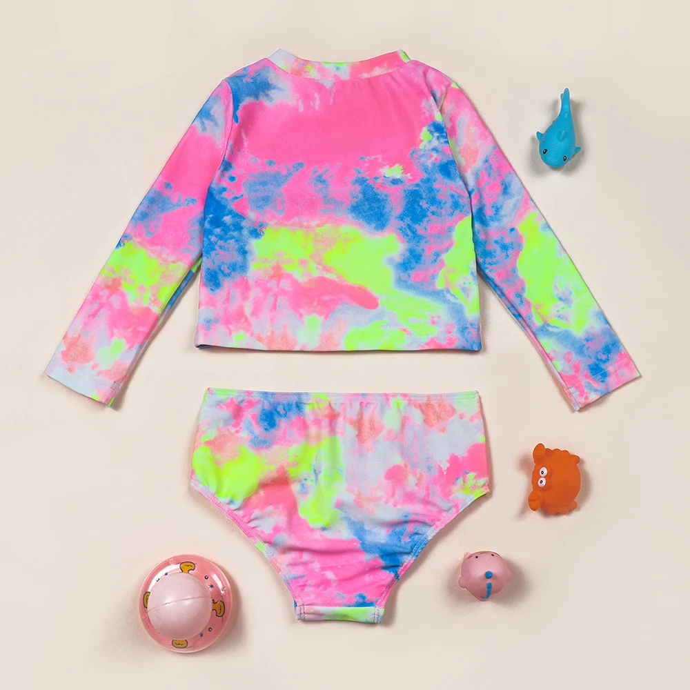 Girls Long Sleeve Swimsuits Set Two Piece Tie Dye Bathing Suit for Kids Hawaiian Swimwear Swim Shirts