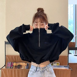 MEXZT-Sweats à capuche Harajuku pour femmes, Y2K Street Zipper Crop Sweatshirt, Pull noir à manches longues, Mode simple, Haut à taille élastique