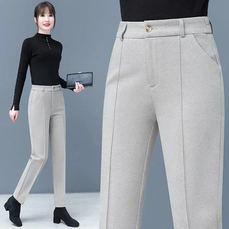 

Office Lady All-match Solid Slim Wool Pencil Pants Autumn Winter Women's High Waist Korean Fashion Casual Straight Trousers N81