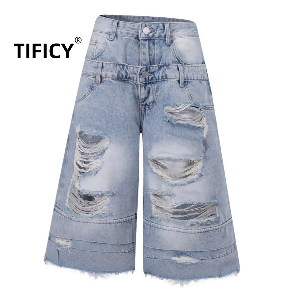 High Street Shorts Men's Double Waisted Distressed Denim Cropped High Street Style Rough Edges Wide Legs and Mid Length Pants