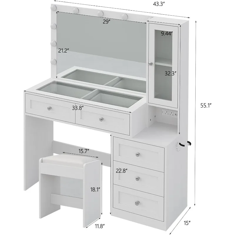 43" W Vanity Desk with Mirror & 11 Lights, 5 Drawer Modern Makeup Desk with Glass top & Cushioned Stool, 3 Lighting Modes Bright