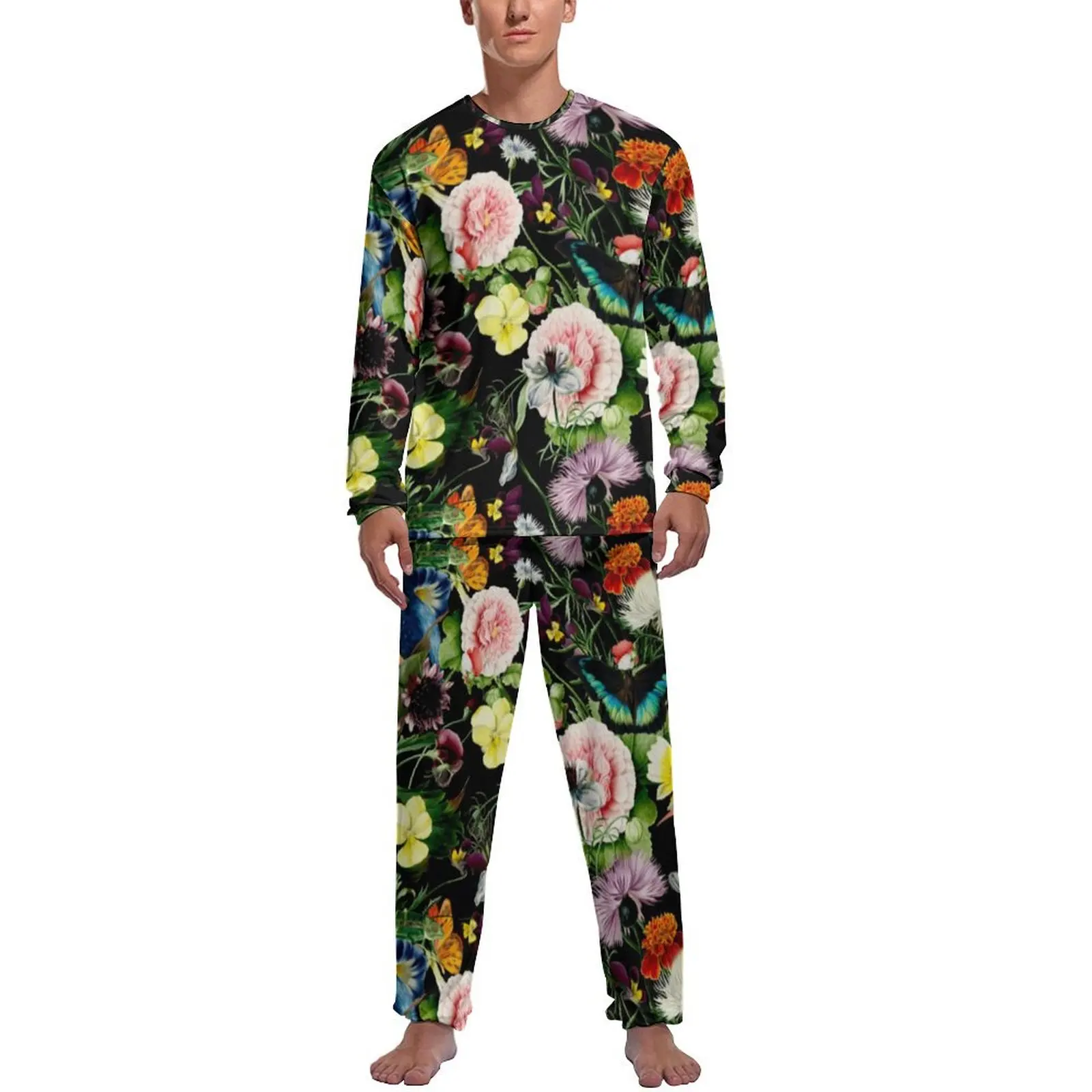 

Colorful Flower Print Pajamas Men Bird and Butterfly Cool Nightwear Autumn Long Sleeves 2 Pieces Room Custom Pajama Sets