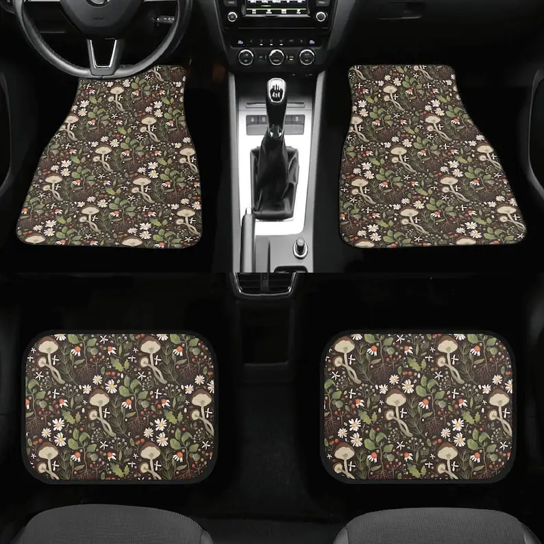 Mushroom Floral Boho Car Floor Mats For Women, Cottagecore Cute Green Floral Front Mat For Car Vehicle, Nature floor