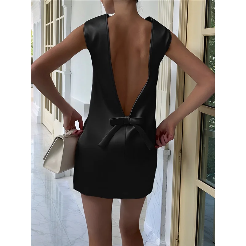 Women's Satin Backless Round Neck Sleeveless Party Mini Dress-A55G