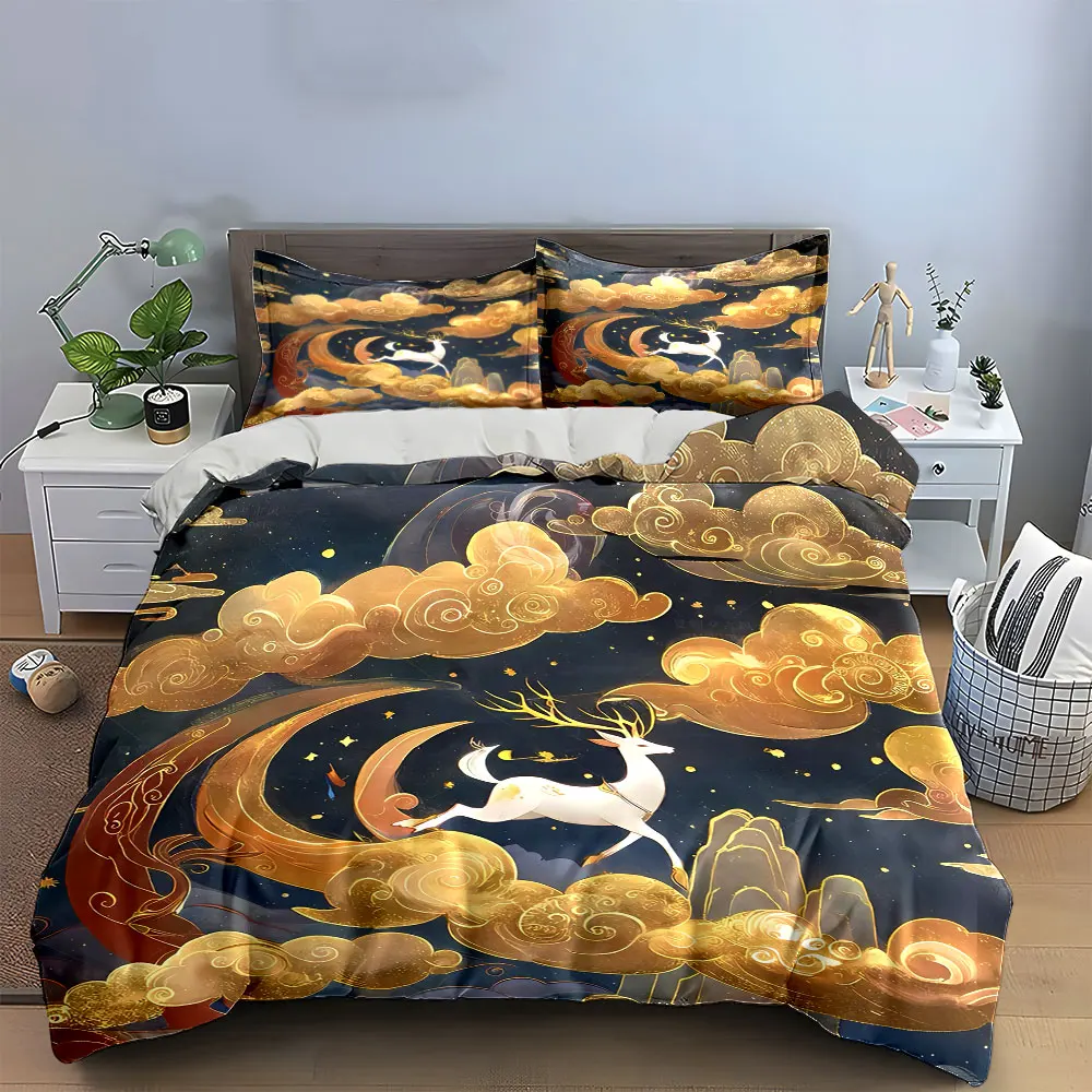 Golden Deer Fantasy Art Decor Bedding Set with 1 Duvet Cover 2 Pillowcases Single Double King Queen, Gift