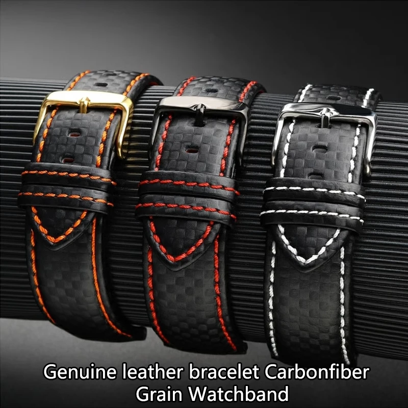 Genuine leather bracelet Carbonfiber grain Watchband 18mm 20mm Red Orange stitching watch band 22mm Quick release watch strap