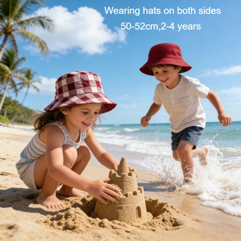 Kinder-Sonnenhut 50-52cm Mädchen Sonnenhüte UPF 50 UV-Schutz Jungen Karierte Wendbare Doppelseitige Kappe Kinder Outdoor Reisehüte