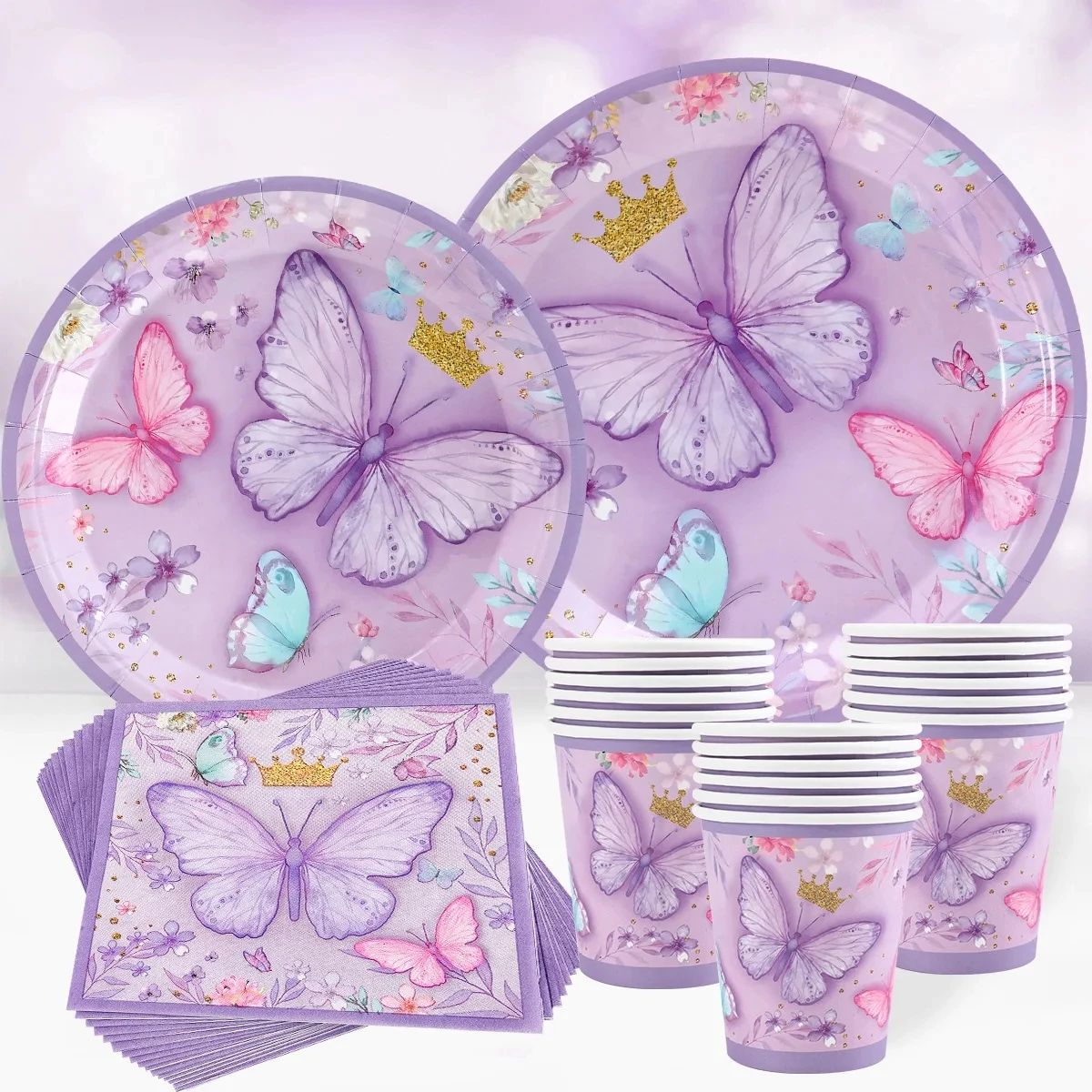 Fioletowy różowy motyl jednorazowa zastawa stołowa serwetka motyl dekoracje na imprezę urodzinową dziewczyna Baby Shower chrzest płeć ujawnienie dostaw