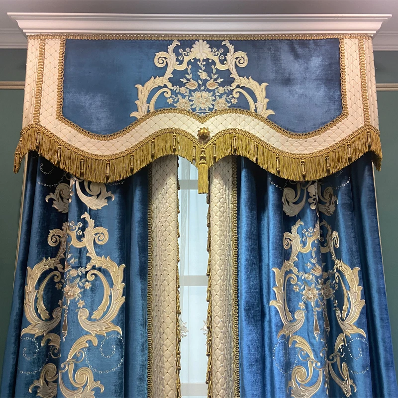 Vintage Palace High-end Blue Embroidery Chenille Curtains for Living Room Bedroom Villa High Window Customized French Window