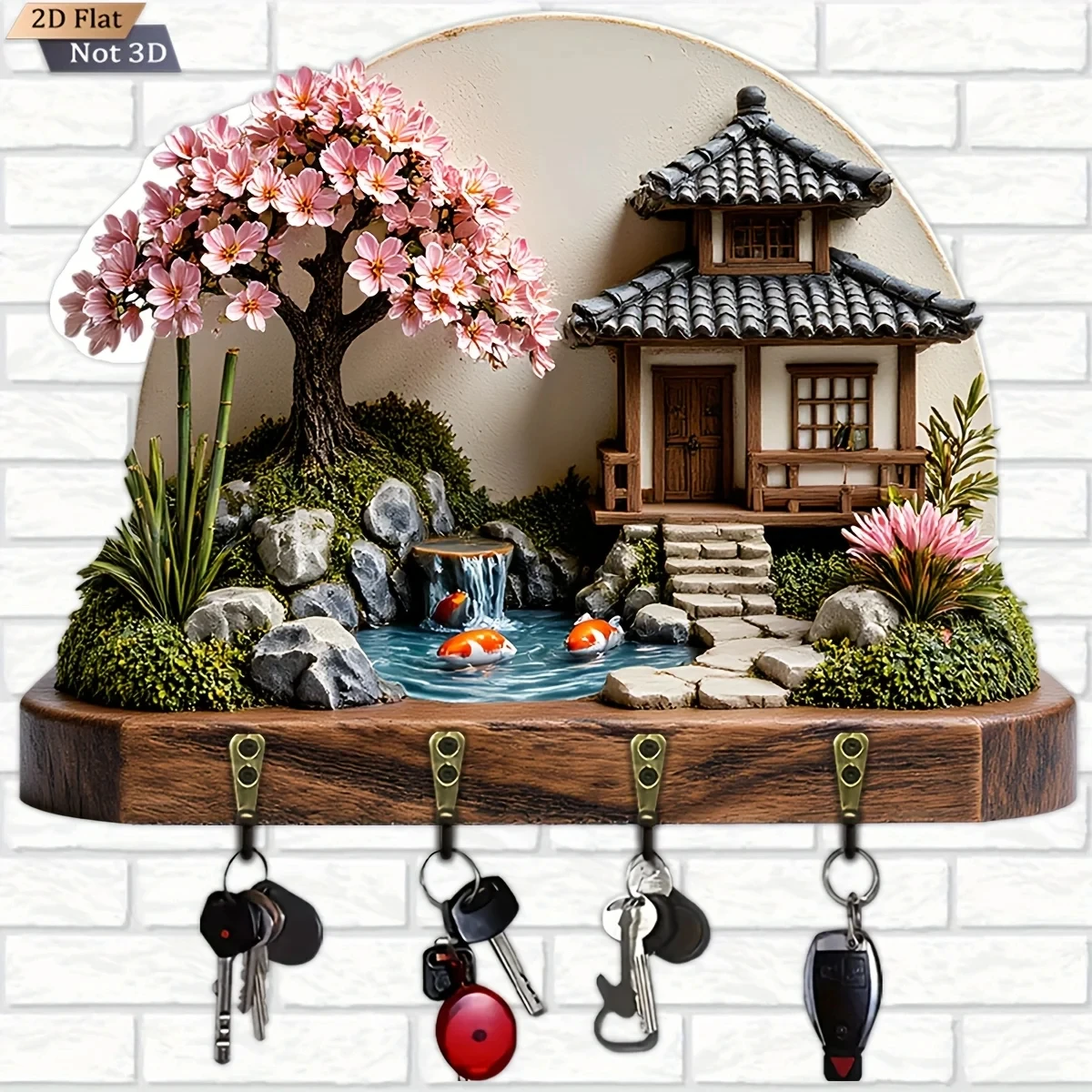 2D Flat, 1pc, Japanese Garden Cherry Blossom Koi Key Hook Wooden Multifunctional Home Key Holder with Four Metal Hooks, Wall
