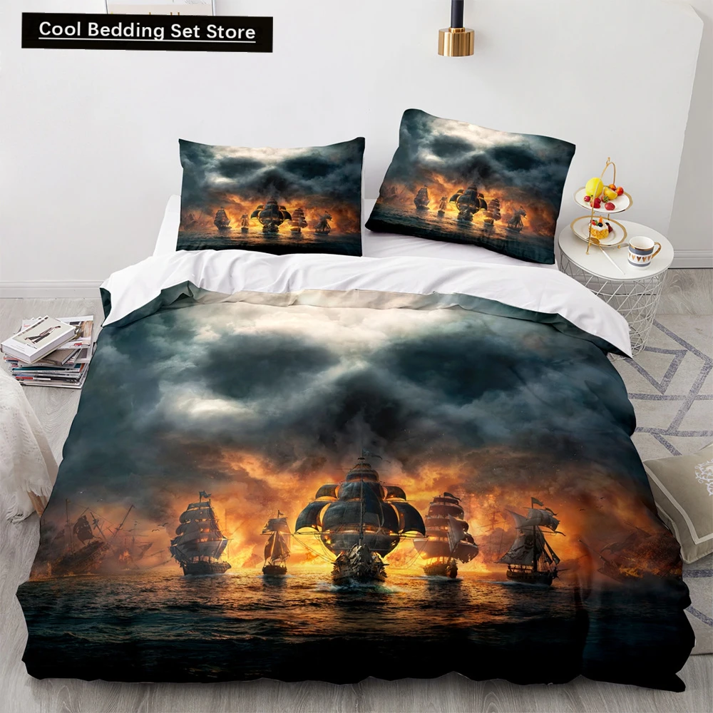 

Vintage Sailboat King Queen Duvet Cover Nautical Ocean Bedding Set for Teens Adults Ship Fire Black 2/3pcs Polyester Quilt Cover