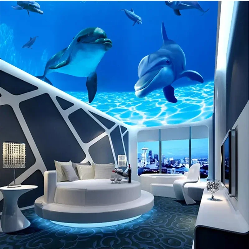 Custom wallpaper 3d mural blue fantasy underwater world dolphin ceiling Living room bedroom  background wall Decorative painting