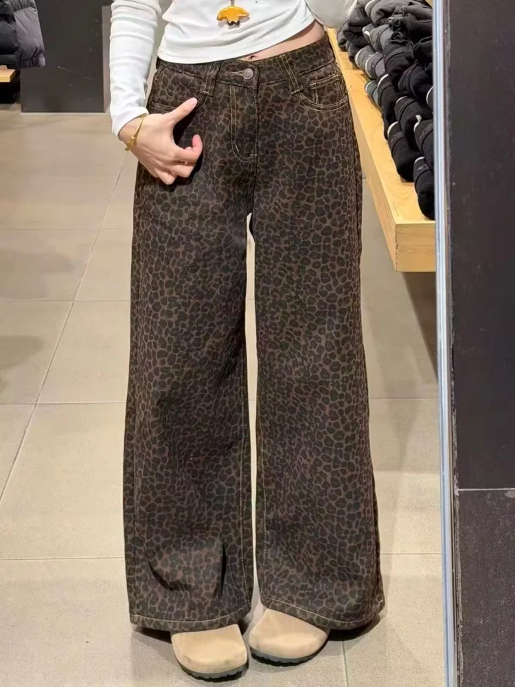 Vintage Streetwear Leopard Print 2000s High Waist Washed Wide Leg Jeans Women Clothing Y2k Grunge Subculture Baggy Denim Pants