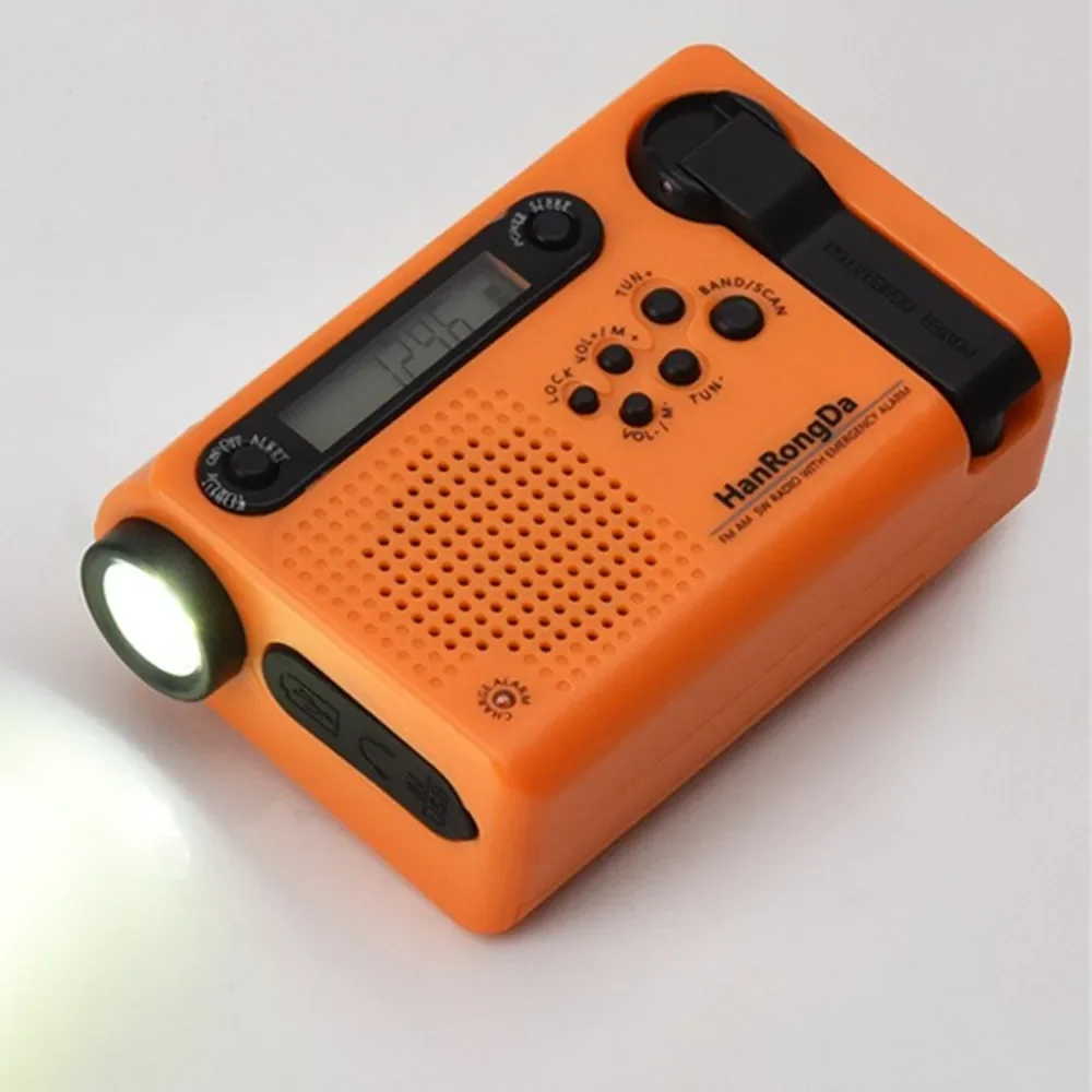 Emergency AM/FM/SW Radio Glare Flashlight SOS Siren Mobile Phone Power Supply Charger Solar USB Hand Crank Charging LED Lights