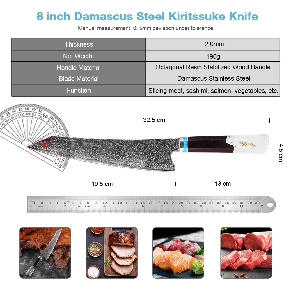 Kiritsuke Knife 67-Layer Damascus Steel 8 Inch Japanese Chef's Knife,Sharp Pro Damascus Kitchen Cooking Knife Octagonal Handle