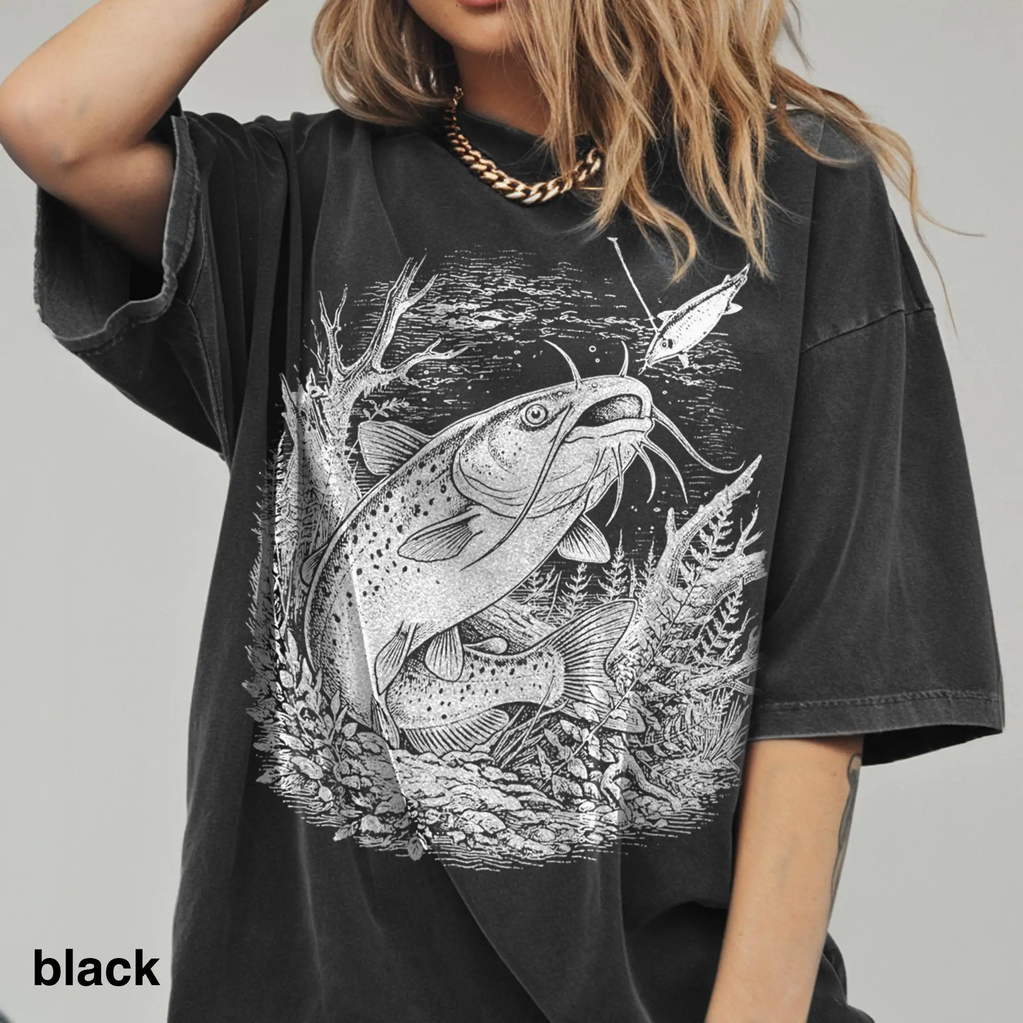 Retro Catfish Fishing Graphic Tee, Vintage Angler Fish Shirt, Outdoor River Wildlife Engraved Style Aesthetic Top,Gift Tee
