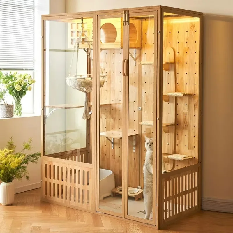 Modular glass cat villa customized wooden cage with detachable garbage bin, large indoor game house, pet villa furniture