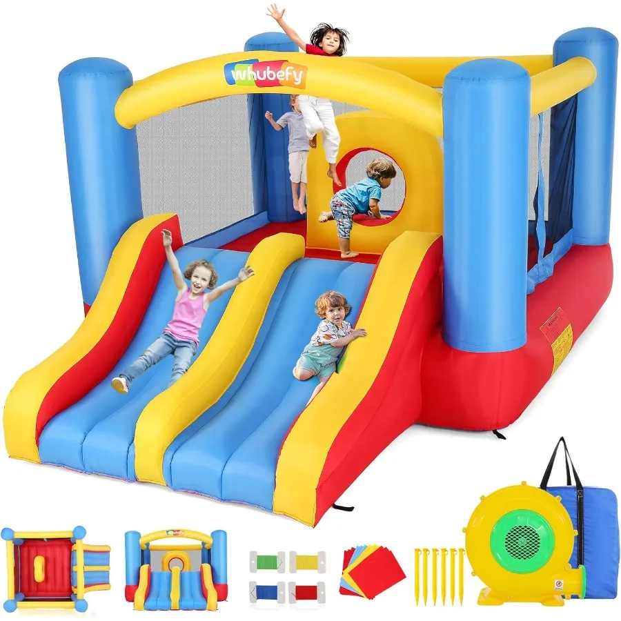 Springkasteel voor kinderen 3-6, 12,6x9 FT opblaasbaar springkasteel met hindernisbaan voor kinderen, groot springgebied, dubbele glijbaan, uit