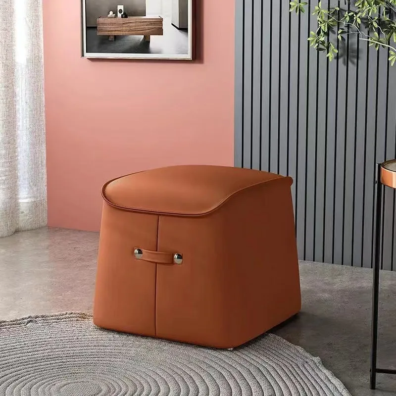 Italian Solid Wood Stool, Waterproof PU Leather Ottoman, Plush Living Room Footrest, Multicolor Tea Room Seating Furniture