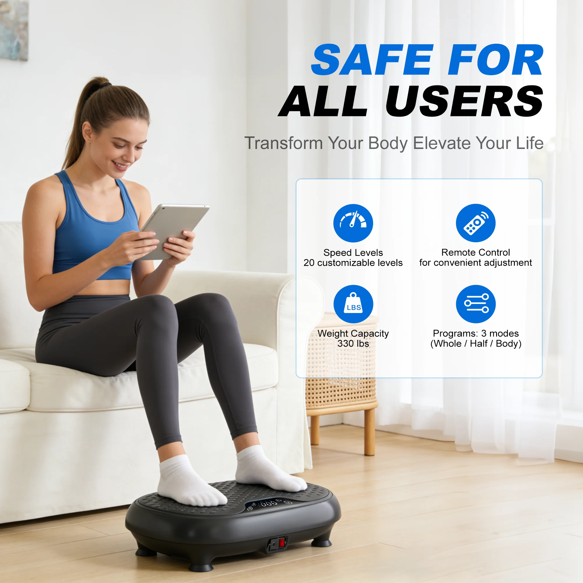 LEERCON Vibration Fitness Plate—Features 20 Speed Settings, a 330-Pound Weight Capacity, and Full-Body Vibration Support; Equipped with an LED Display for Calorie Monitoring This Is a Compact Piece of Home Fitness equipment Designed Specifically for Women