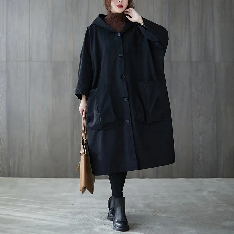 Medium Long Trench Coat, Large Size, Loose, Casual, Long Sleeve, Hooded, Monochromatic, Fashion Art, New, Autumn, Winter, 2024