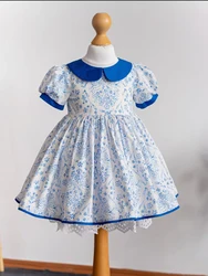 0-12Y Girl Summer Blue Cotton Turkish Vintage Lolita Princess Ball Gown Dress for Birthday Holiday Eid Party Casual B245