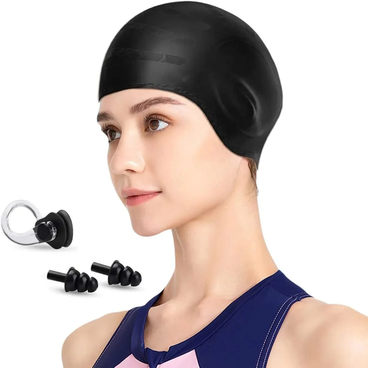 1pc Swimming Cap, Men\'s and Women\'s Swimming Cap, Waterproof Cap, 1 Nose Clip, 2 Rarplugs, 3D Rar Ergonomic Design