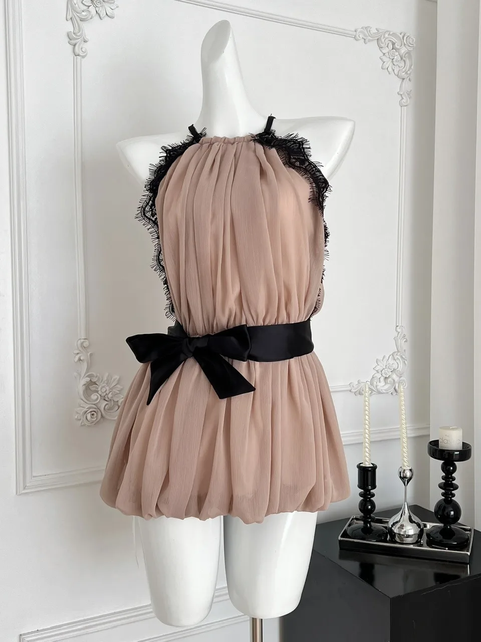 

Romantic Lace Splice Hanging Ne Dr Women's Summer Pure Desire Waist Cinching Flower Bud Fluffy ort Skirt