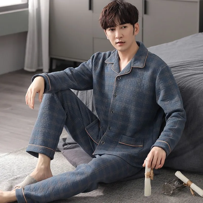 Pijamas de inverno masculinos engrossar acolchoado quente mangas compridas conjunto de pijamas masculino solto casual tamanho grande cor sólida terno homewear 2024