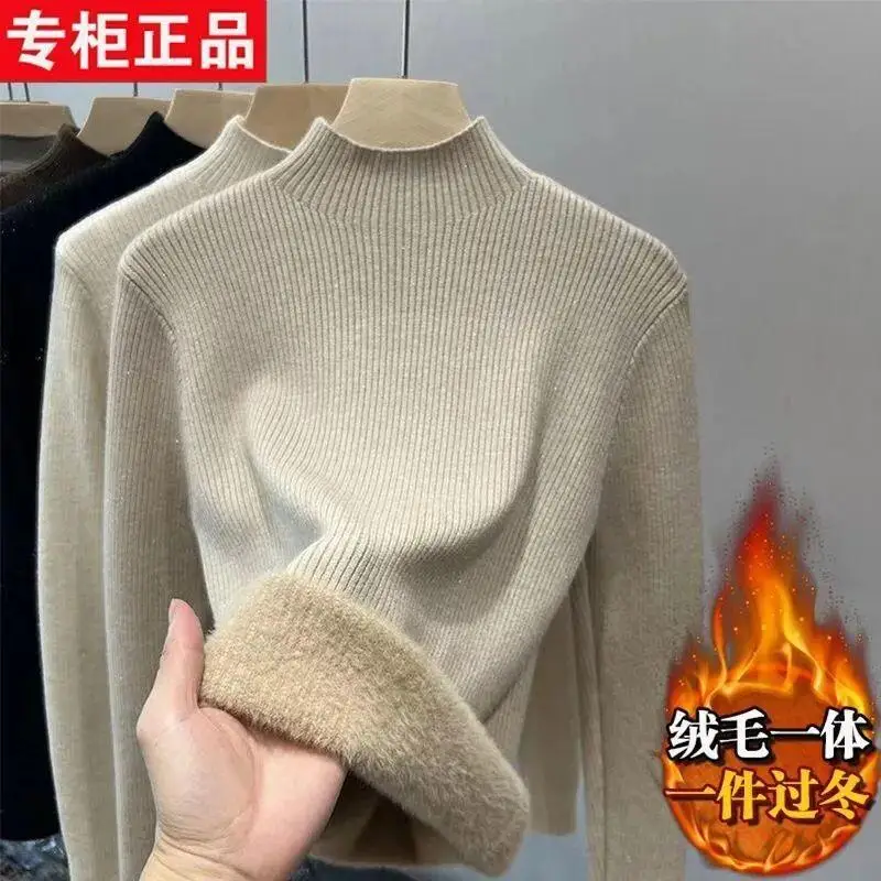 

Knit Sweater Women 2025 Autumn Winter New Slim Fit Turtleneck Thick Tops Casual Warm Pullover Fashion Cute Fleece Lined
