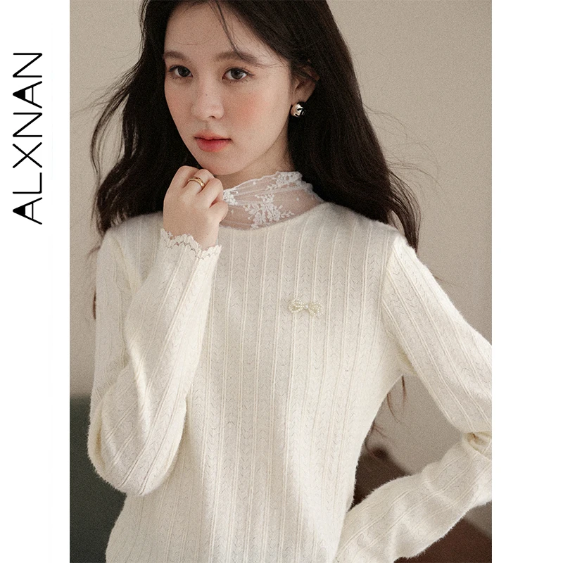 ALXNAN المشمش القمم كاذبة قطعتين الدانتيل المرقعة طويلة الأكمام محبوك البلوفرات القوس الخريف المرأة طبقات تريكو L58036 #1