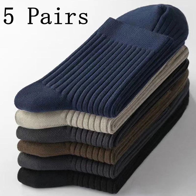 5 Pairs Socks Men's Mid-tube Autumn Winter Double Needle Breathable Sweat Absorption Business Sports Black Solid Color Stockings