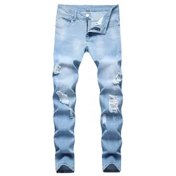 New Ripped Jeans Men's Slim Youth Non-elastic Straight Hole Denim Trousers Male Streetwear Fashion Full Length Pants