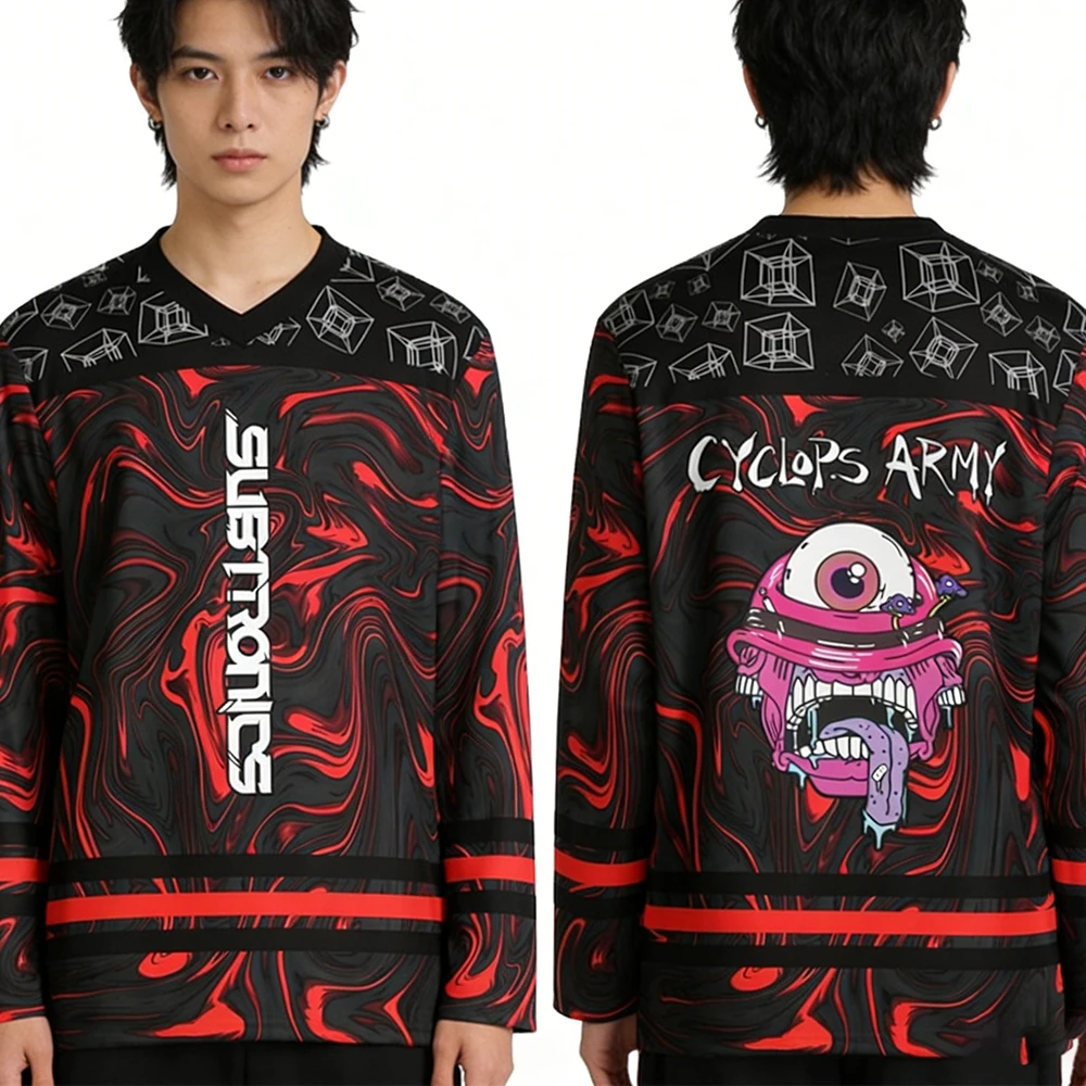 

Subtronics Cyclops Army Hockey Jersey V-Neck Long Sleeve Loose Top Shirts Women Men Athletic T-shirt
