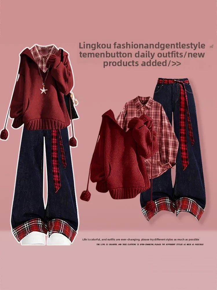 Faionable Cisas New Year Set Women's Red Knitted Sweatirt Plaid irt Jeans plus Size Autumn Winter Tee-piece Set