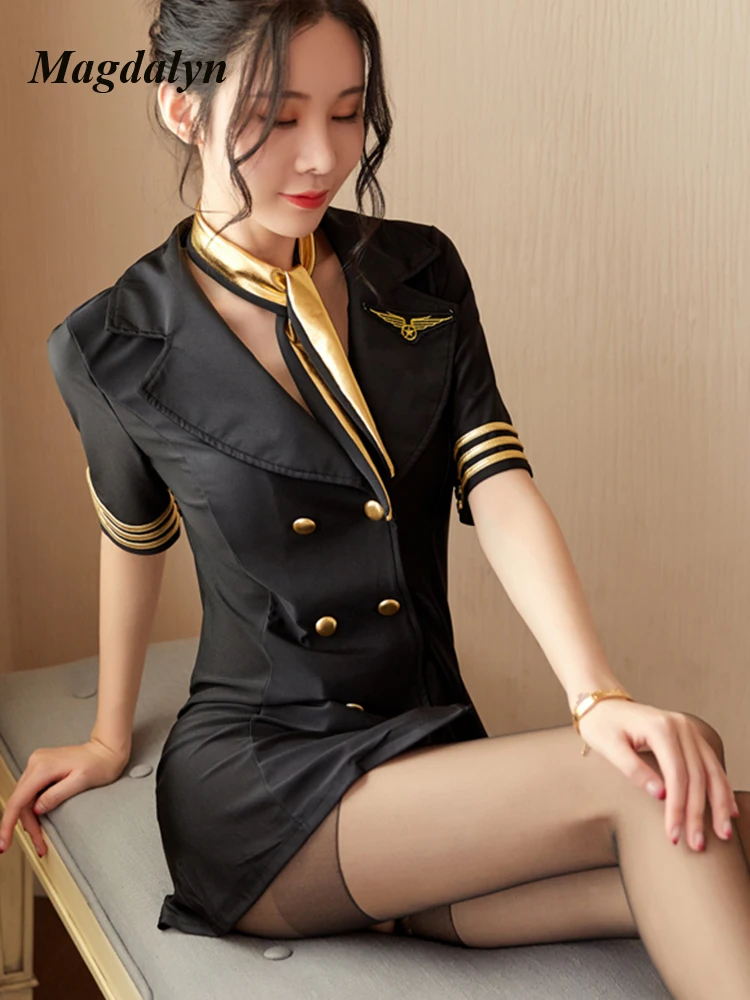 Magdalyn Women Sexy Dress Stewardess Policewoman Uniform Short Sleeve Erotic Cosplay Costume Nightwear Four Pieces Pajamas Suits