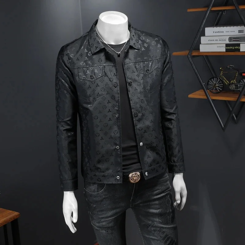 Luxury Men's Jacquard Print Jacket with Turn-down Collar for Fashionable Outfits men clothing Spring Fashion Top