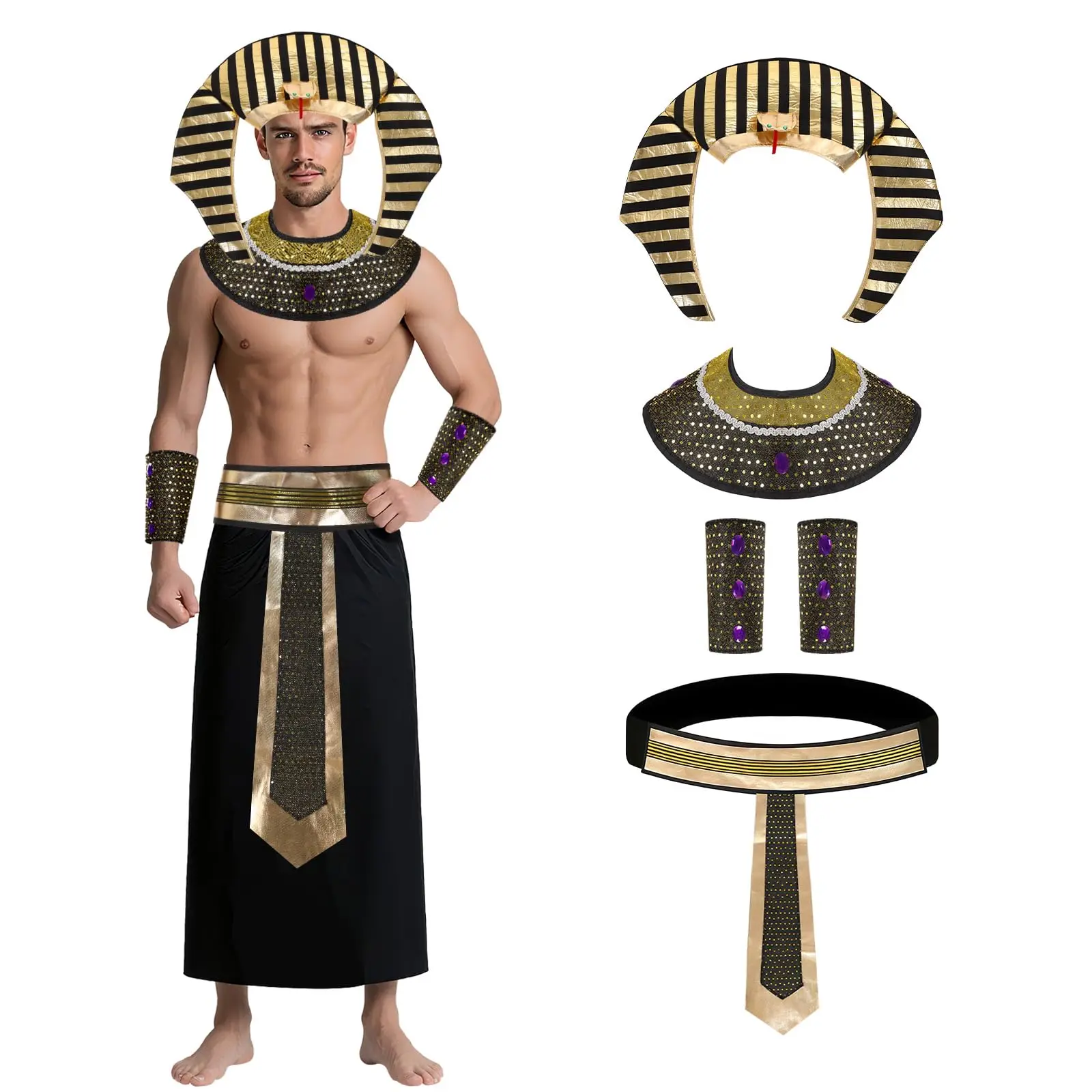 

Egyptian Cleopatra Costume Accessories Pharaoh Headpiece Collar Belt Cuffs Halloween Anubis Sphinx Egypt King Tut