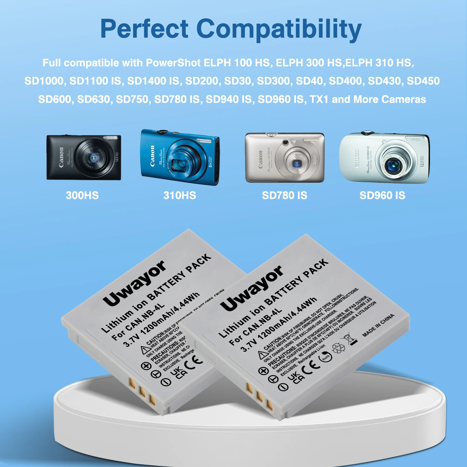 UWayor NB-4L Battery and Dual Charger for Canon PowerShot ELPH100HS, 300HS, 330HS, 310HS, SD1000 SD1100is, SD1400is, SD200, SD30