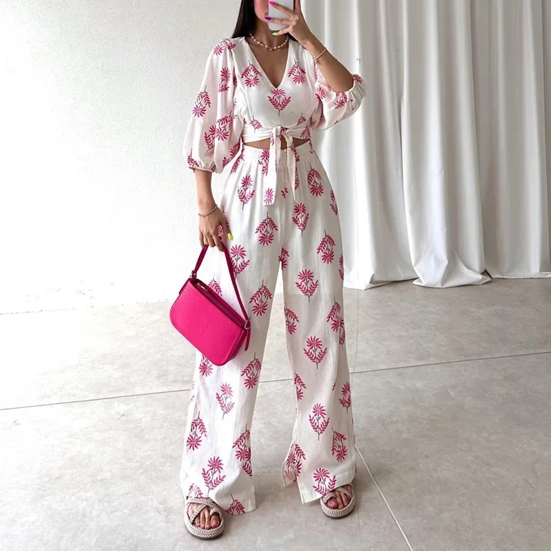 Women\'s Pure Cotton Suit 2024 Summer New V-Neck Temperament Printed Puff Sleeve Top and Trousers Women\'s Two-Piece Set