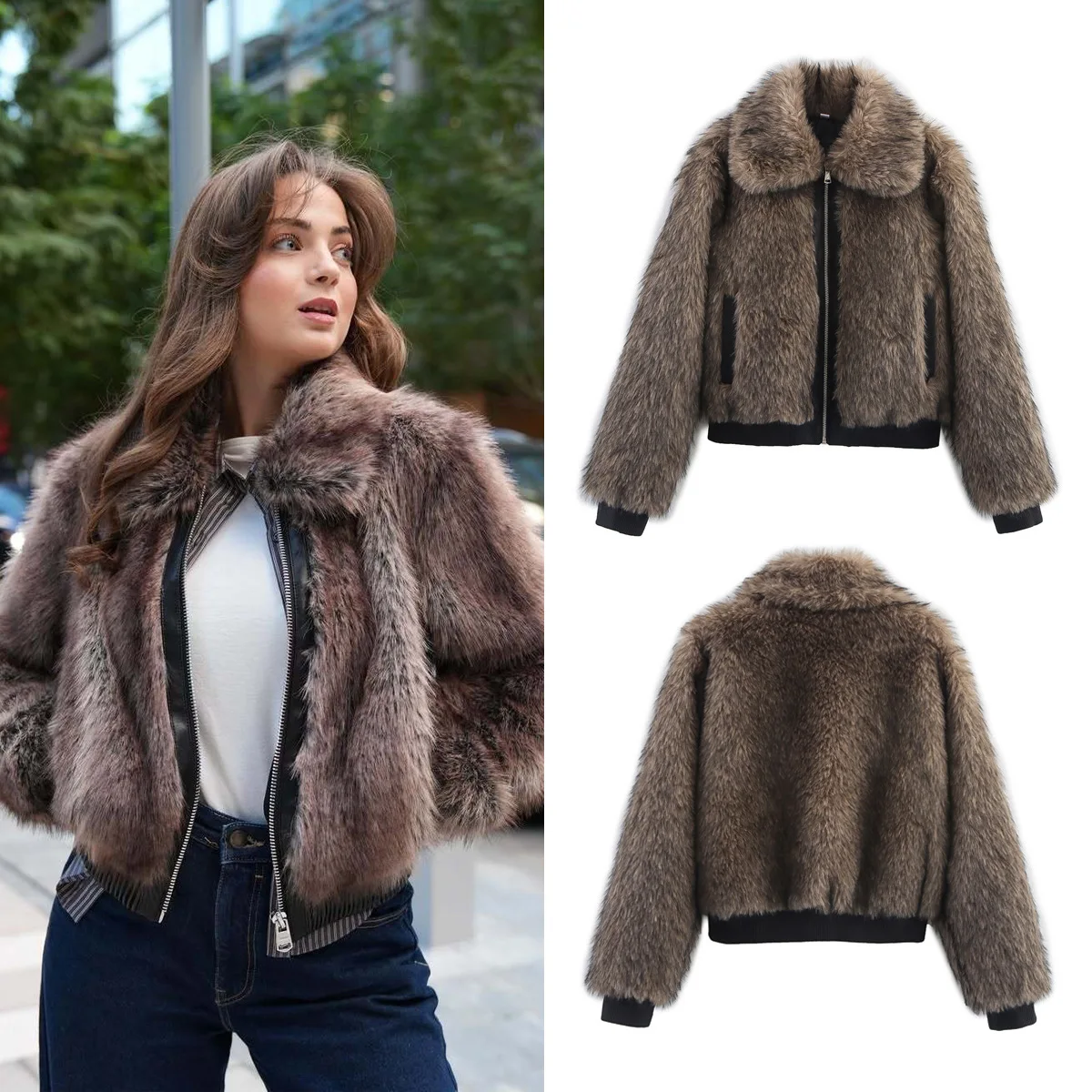 

2025 Winter New Fashion Collar Women Long Sleeve Artificial Fur Splicing Jacket Elegant Style Female Coat