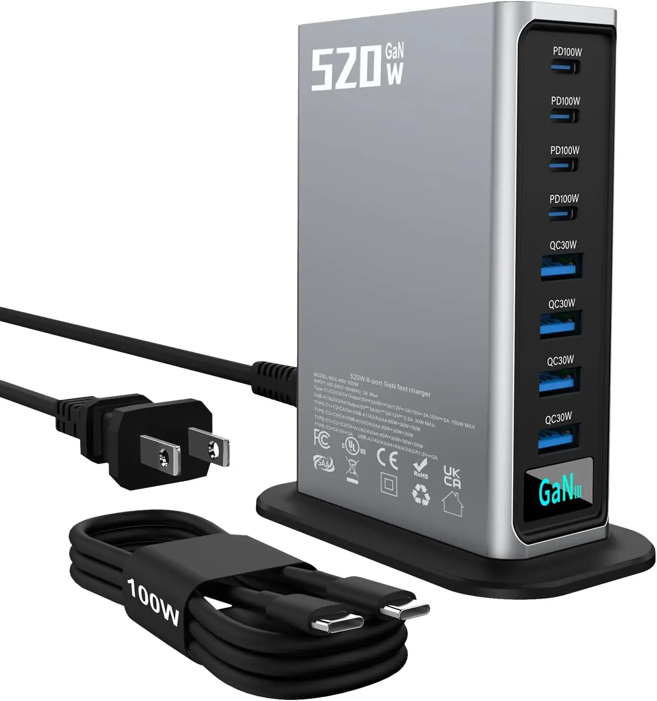

Зарядное устройство USB-C 520 Вт, станция GaN III с 8 портами и быстрой зарядкой PD 3.1 100 Вт для ноутбуков, iPhone, iPad, MacBook