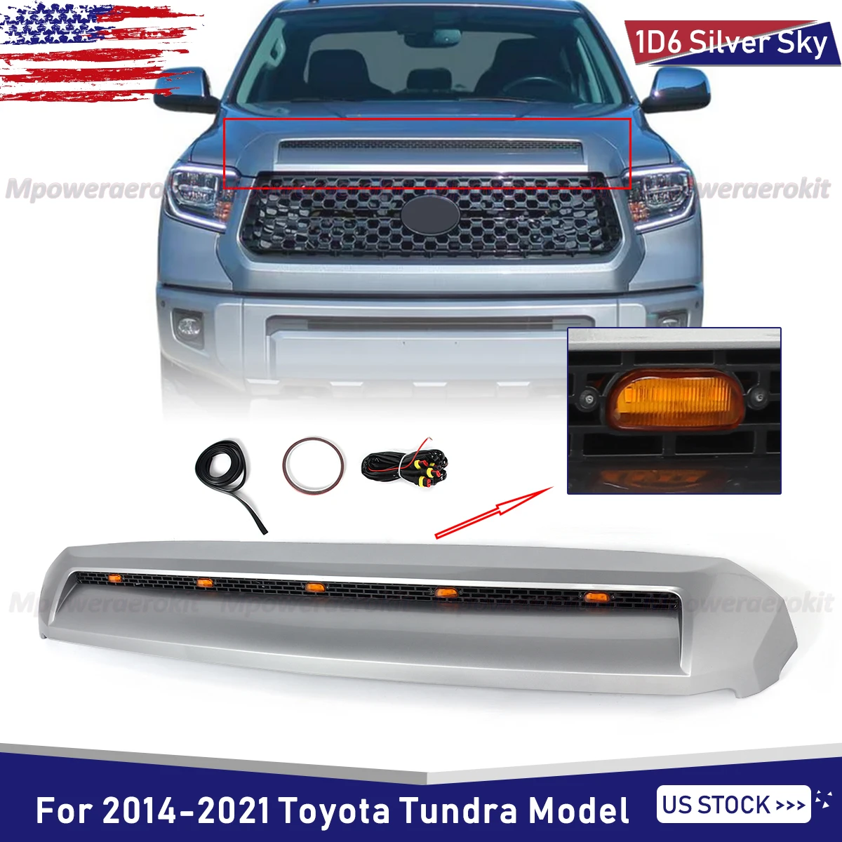 

SAIQINGSP for Toyota Tundra 2014-2021 Silver Sky Front Upper Hood Bulge Molding with Lights Car Front Bumper Grilles