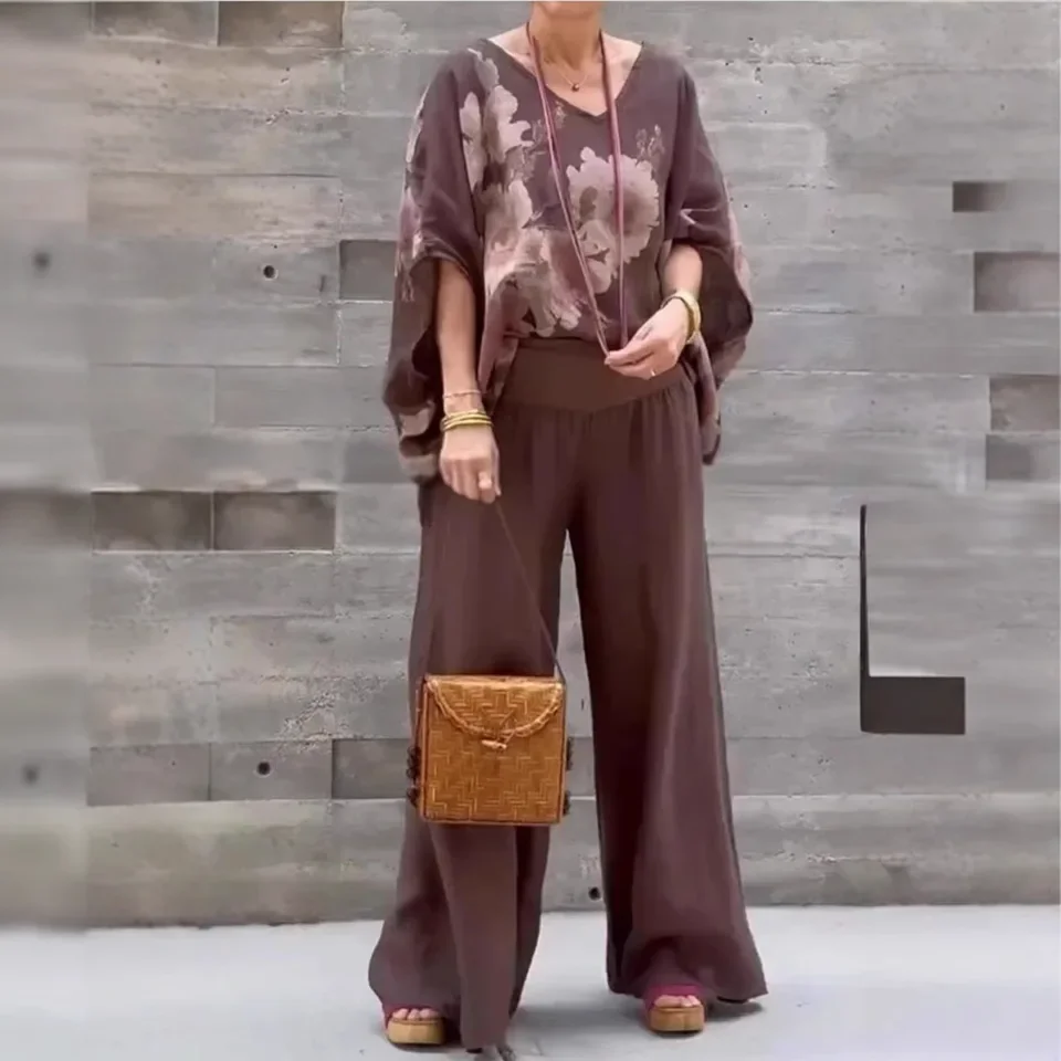 Vintage Elegant Flower Print Two Piece Set Women Loose V-neck Bat Sleeve T Shirt High Waist Loose Wide Leg Trousers 2 Piece Sets