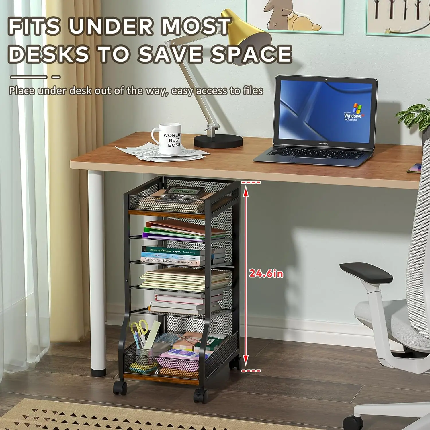 عربة ملفات رفيعة مكونة من 6 طبقات مع عجلات، منظم تحت المكتب لتخزين المكتب والمنزل