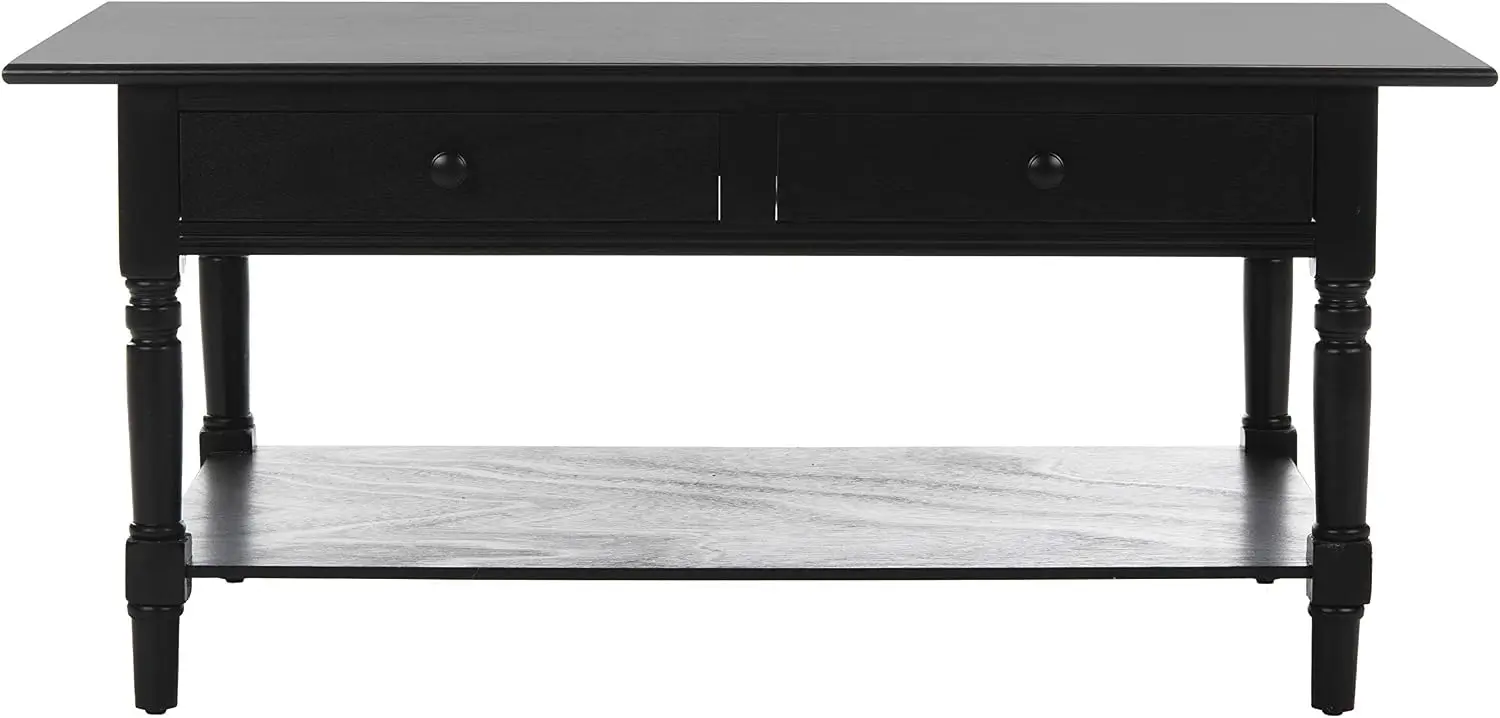 Farmhouse Storage Coffee Table with Drawers and Open Shelf, Distressed Black Finish, Carved‑Detail Accent Furniture for Living Room Organization
