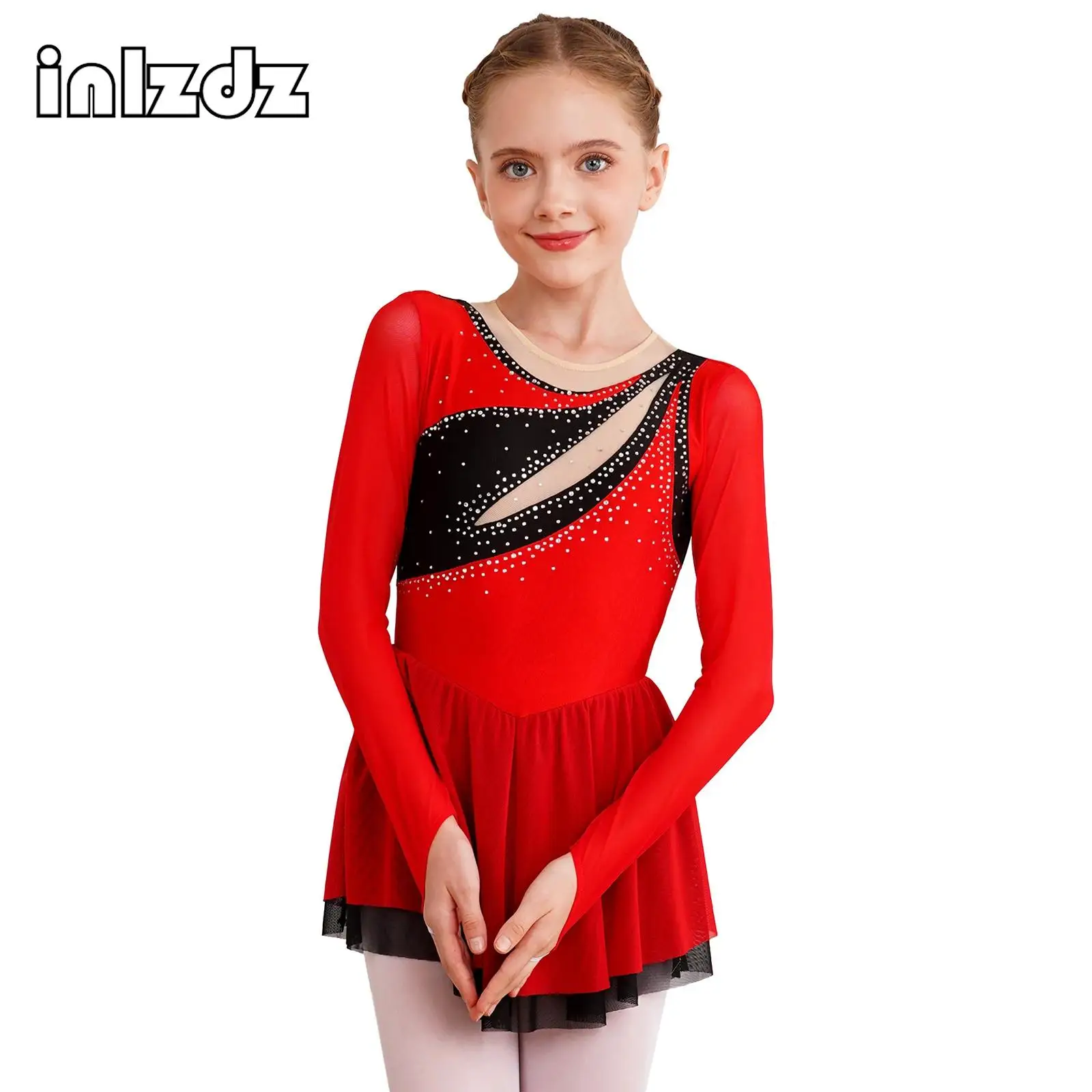 

Kids Girls Figure Skating Ballet Gymnastics Leotard Dance Performance Costume Shiny Rhinestone Long Sleeve Bodysuit Dress